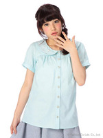 【Tralala】衿グラデ刺繍ローンブラウス/ブルー