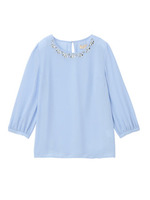 ビジューネック七分袖ブラウス/ブルー系(090)