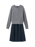 [S]ニット+チェック切り替えワンピース/ダークグリーン(523)