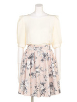 ボリューム袖花柄ドッキングワンピ/サックス