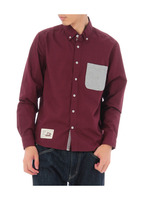 異素材ポケットつき長袖シャツ/レッド系(063)