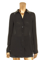 襟クロスボディピアスシャツ/ブラック