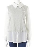 【ECURY】バイカラードッキングブラウス/ライトグレー