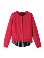 ベーシックニットカーディガン+ストライプブラウス/レッド(062)