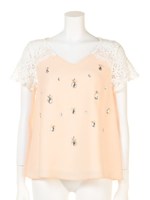 レース切替ビジュー付きフレアブラウス/ピンク