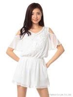 シフォンレース肩開きショートロンパース/ホワイト