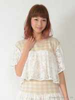 レースギンガムニットトップス/ベージュ