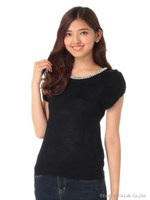 ビジュー付き袖フレアトップス/ブラック