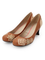 フラワーアップリケ付きパンプス/ブラウン系(541)