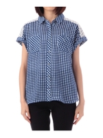 フラワー刺しゅうレース切替ブラウス/ブルー系(290)