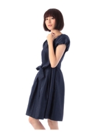 リボンつきパフスリーブドッキングワンピース/ネイビー(093)