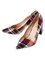 チェック柄チャンキーヒールパンプス/ネイビー