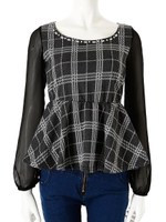 ビジュー付キチェックペプラムチュニック/グレー