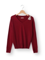 ビジューリボンつきVネックニットプルオーバー/ワインレッド(063)