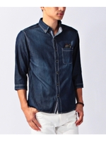 七分袖デニムシャツ/サックス(090)