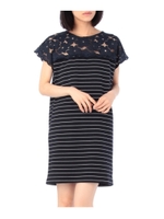 フラワーレース切り替えボーダーワンピース/ネイビー(393)