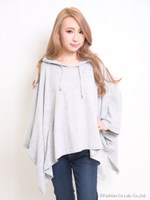 ニットソーフード付ポンチョ/グレー