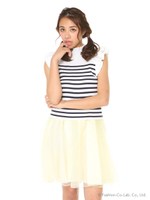 【W】袖フリルニット×オーガンジーコンビワンピース/ミックス