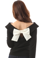 バックリボンリブ長袖トップス/ブラック