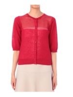 透かし編み切り替えニットカーディガン/レッド系(062)