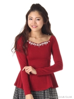 ビジューペプラムトップス/ワインレッド