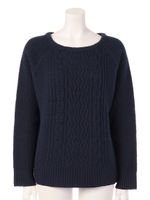 袖ワッフルアラン柄ニットプルオーバー/ネイビー