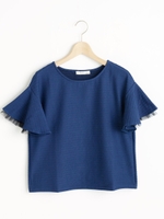 ふくれジャガードフレアー袖プルオーバー/ブルー