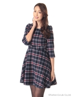 ふんわりチェックフレアワンピース/グレー