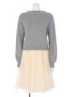 パール調ビーズコンビワンピース/ミディアムグレー