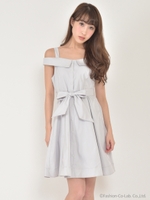 ウエストリボンオフショルワンピース/ライトブルー