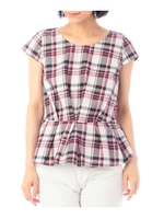 綿ペプラムチェックブラウス/ワインレッド(263)