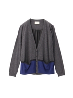 [L]異素材カラーブロッキングカーディガン/チャコールグレー(514)