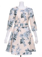 花柄ベルト付7分袖ワンピース/ベージュ