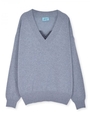 綿AOレースVネックニット/杢グレー×クロ