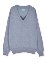 綿AOレースVネックニット/杢グレー×クロ