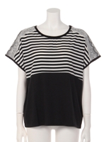 ボーダー肩レースT/ブラック