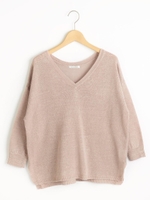 麻Vネック脇スリットニット/アイボリー