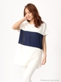 配色サイドスリットトップス/ネイビー