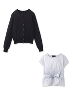 リボンブラウス+カーディガンセット/ブルー系(094)