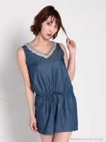 Vネックビジュー調ダンガリーコンビネゾン/ブルー