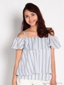 マルチストライプ柄オフショルブラウス/ブルー
