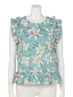 【mystic】ハリ感花柄プルオーバー/ブルー