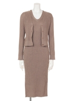 リブロングニットOP×カーデ×キャミSET/グレー