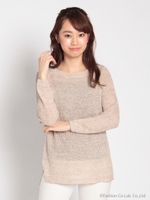 リネン片畦クルーネック3/4スリーブプルオーバー/ベージュ