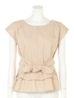 ストレッチツイルリボン付ブラウス/ベージュ