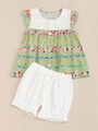 【OUTLET】プチフラワーチェックPTチュニックブルマセット/グリーン