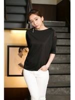 【AZUL by moussy】30-TR天竺×シフォンショルダー5分プルオーバー/O/WHT