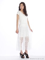 Vネックニット付きレース切替マキシワンピース/ベージュ