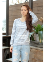 【AZUL by moussy】FINE綿/NY/VIS/深V長袖プルオーバー/柄GRN