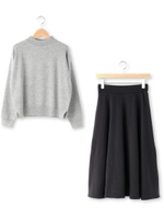 モックネックニット+ミモレ丈スカートSET/チャコール(013)